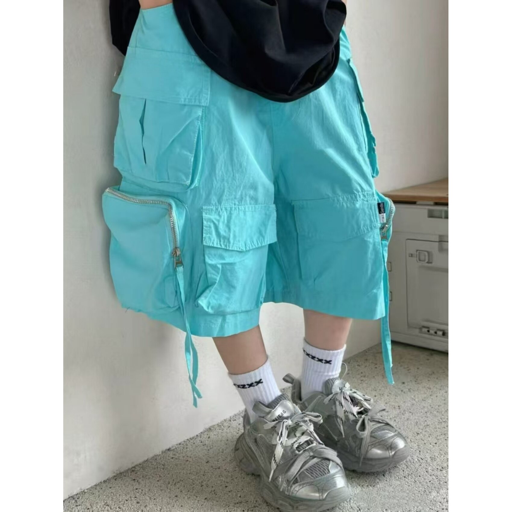 儿童美式机能风短裤工装裤夏季薄款休闲男女童五分裤潮流包包中裤