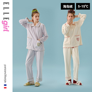 ELLE 翻领秋冬加厚保暖甜美女孩童家居服 girl海岛绒少女睡衣套装