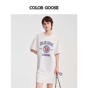 COLOR 春夏LOGO印花连衣裙圆领休闲简约T恤长裙 女款 GOOSE彩鹅