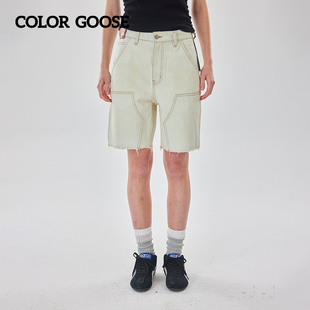 LOGO皮牌牛仔短裤 COLOR GOOSE25秋复古做旧立体缝线水珠烫钻工装