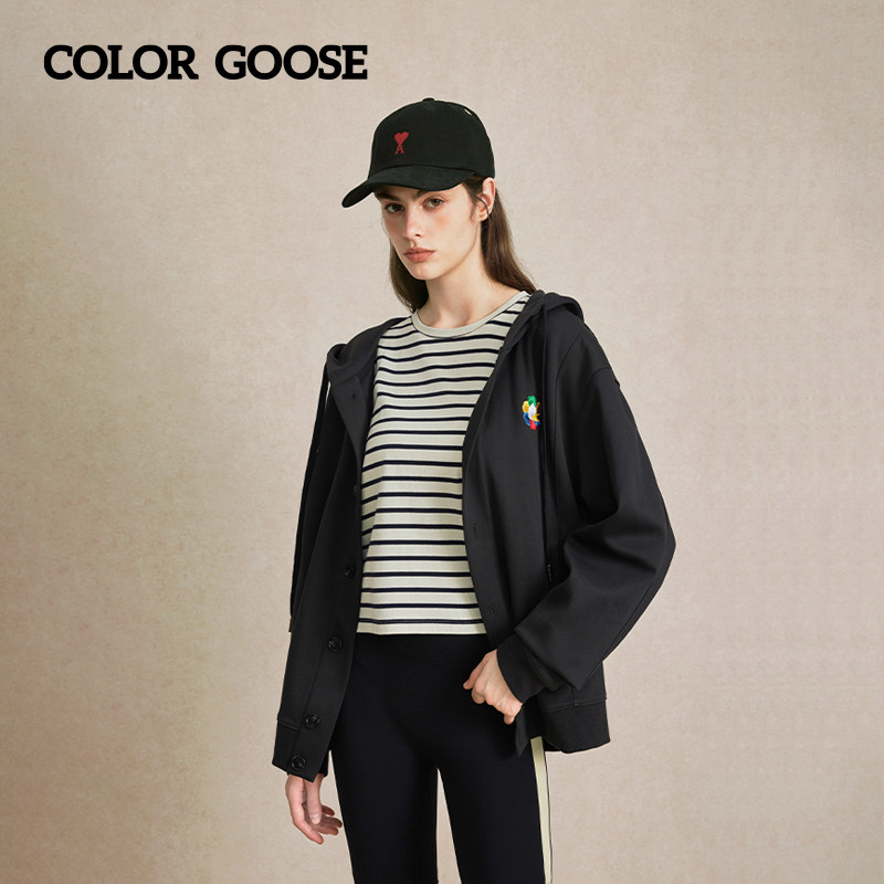 COLOR GOOSE彩鹅 秋冬男女同款刺绣logo休闲日常开衫连帽卫衣外套