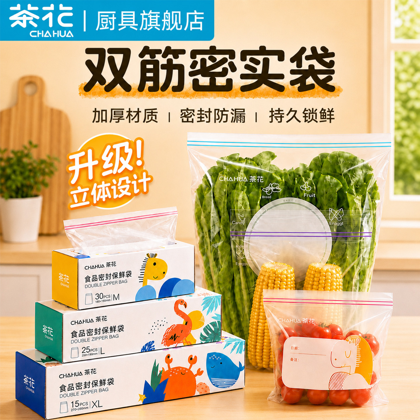 茶花食品密封袋保鲜袋冰箱可冷冻专用家用袋子密实袋塑封袋自封袋