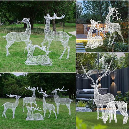 户外不锈钢镂空梅花鹿雕塑草坪公园林售楼部发光线条仿真动物摆件