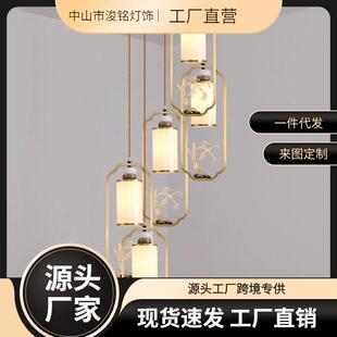 新中式别墅复式全铜玻璃吊灯餐厅吧台禅意梅兰竹菊loft楼梯间灯饰