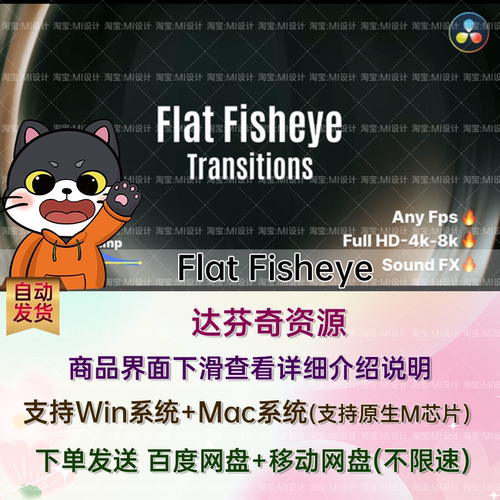 40种鱼眼变形视频特效转场过渡预设达芬奇模板 Flat Fisheye