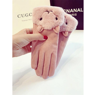 手套女秋冬季 可爱学生麂皮绒触屏棉 加绒加厚保暖户外骑车防寒韩版