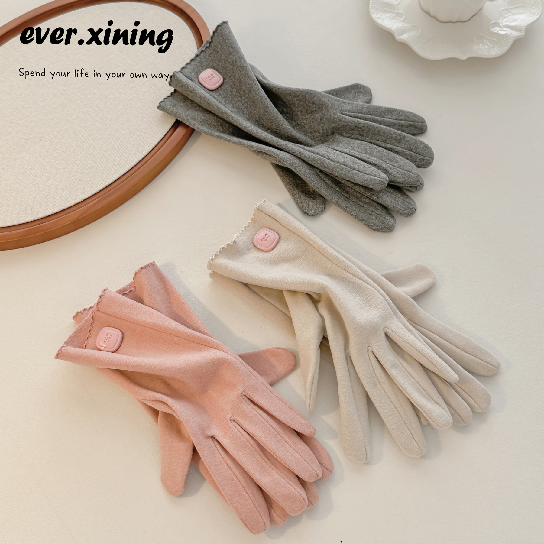 骑行手套女春秋季冬天德绒骑电动车开车薄款加厚绒触屏防风保暖