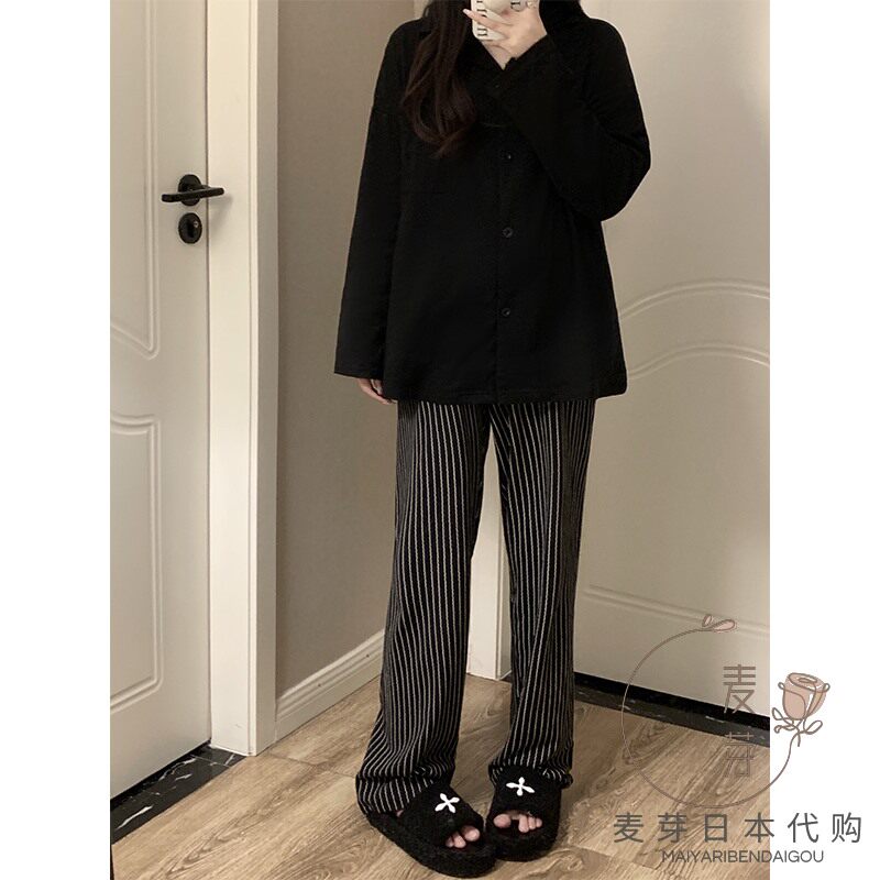 新品日本ins暗黑风p男女款睡衣春秋纯棉套装衬衫长袖条纹裤情侣家