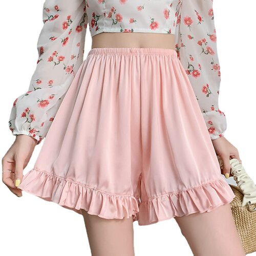 新品Satin Ice Silk Ruffle Short Pants WoKmens Summer Loose
