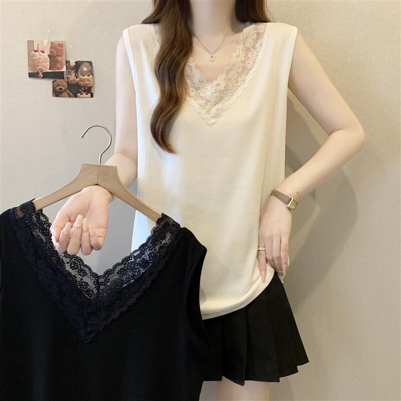 极速蕾丝v领吊带背心女内搭夏季大码胖mm显瘦设计感打Z底无袖上衣