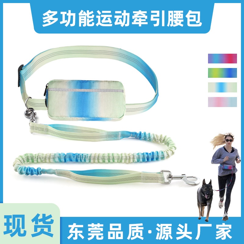 2025跨境新款渐变色宠物运动跑步腰包中小型犬反光狗狗伸缩牵引绳