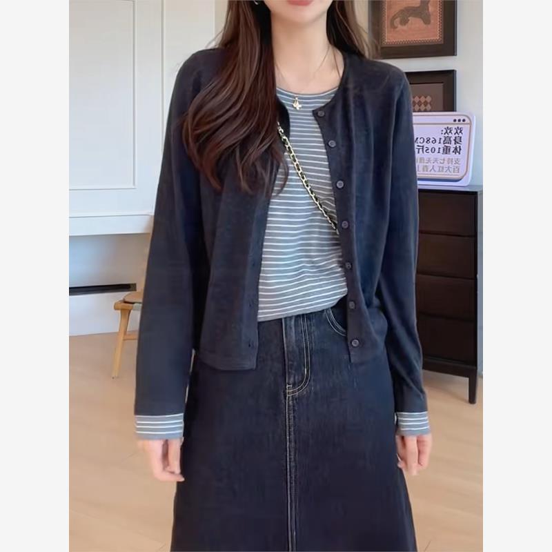 大码假两件条纹针织开衫