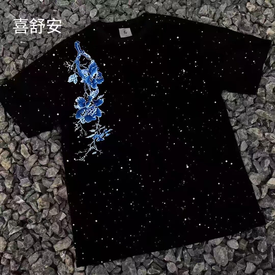美式轻奢满天星重磅短袖T恤男仿刺绣高街半袖夏季潮牌国潮印花ins图片