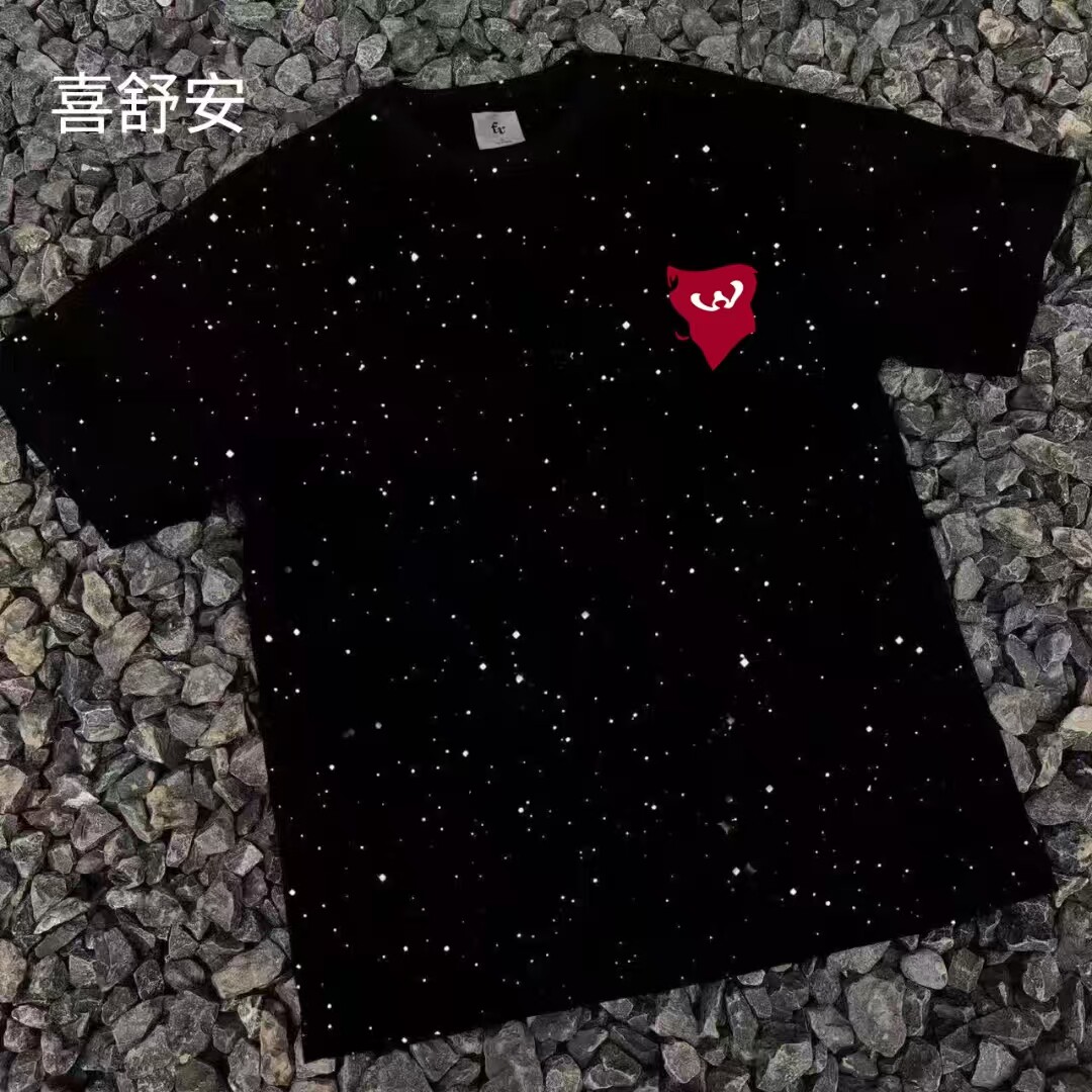 美式轻奢满天星重磅短袖仿刺绣印花ins高街潮牌国潮半袖夏季T恤男图片