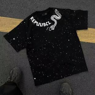 美式满天星重磅复古纯棉短袖T恤男轻奢仿刺绣高街夏季潮牌ins印花