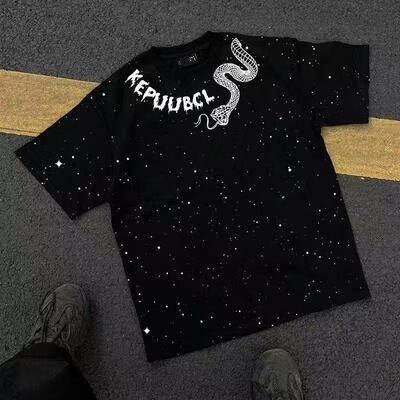 美式满天星重磅复古纯棉短袖T恤男轻奢仿刺绣高街夏季潮牌ins印花