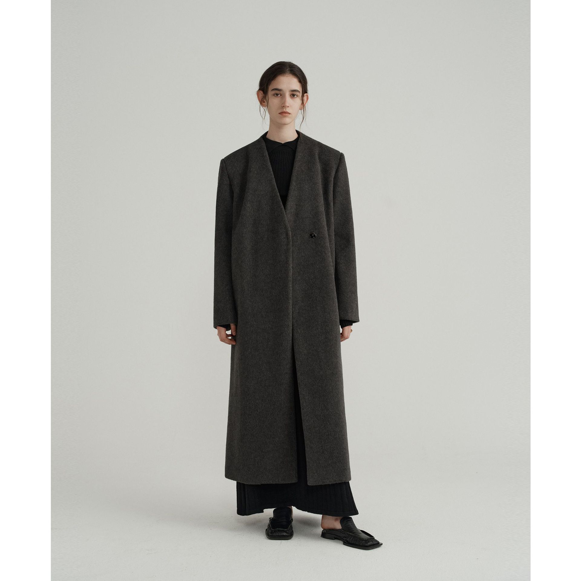 Textile Song高级感灰色羊毛呢子大衣女法式赫本加厚毛呢外套