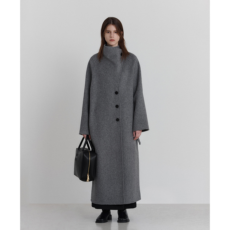Textile Song100%羊毛灰色高领双面毛呢长外套女冬季高级呢子大衣