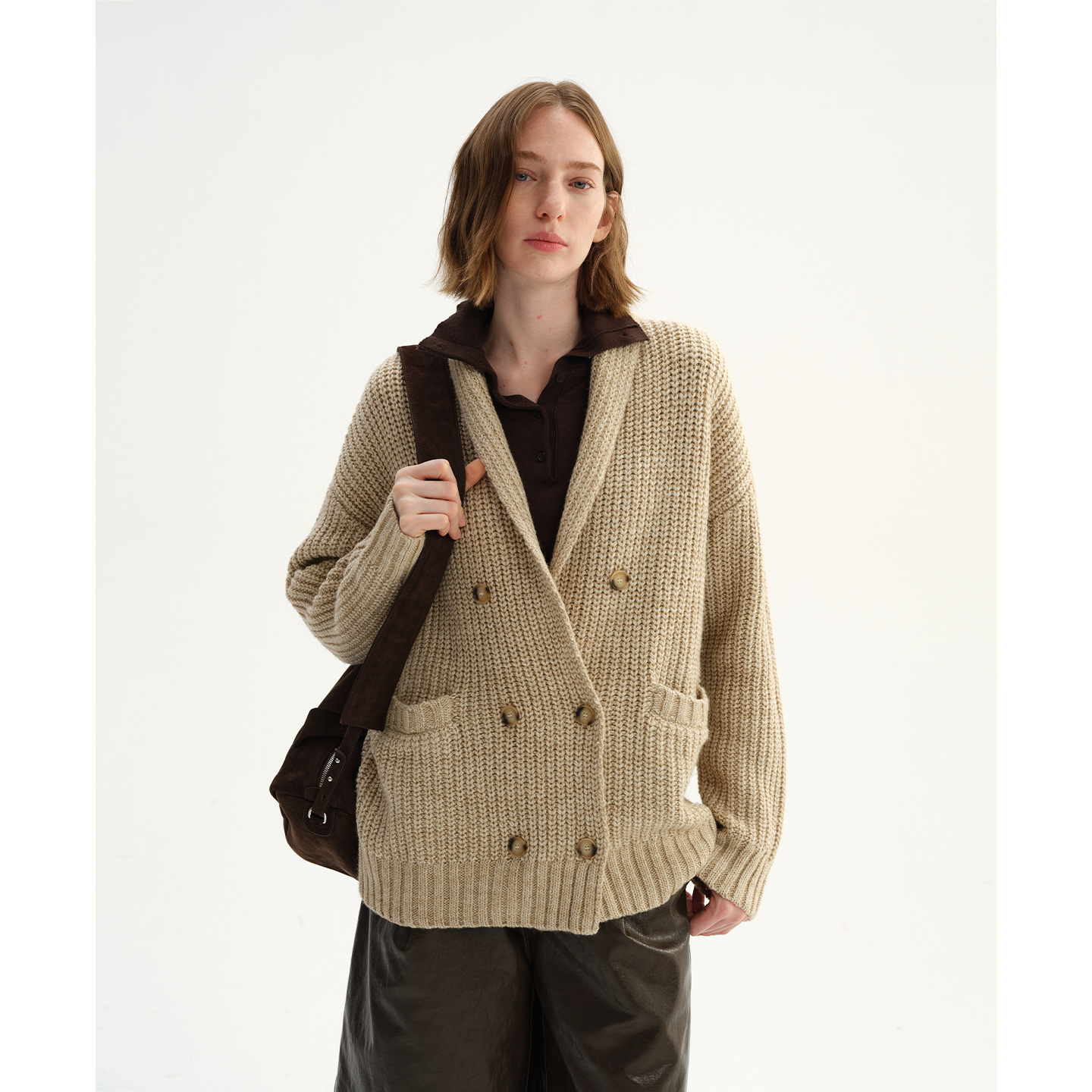 Textile Song复古老钱风羊毛粗针毛织开衫外套秋冬慵懒风休闲上衣