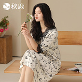 2025新款 秋鹿睡裙夏季 柔软透气纯棉睡衣女优雅V领五分袖 家居服