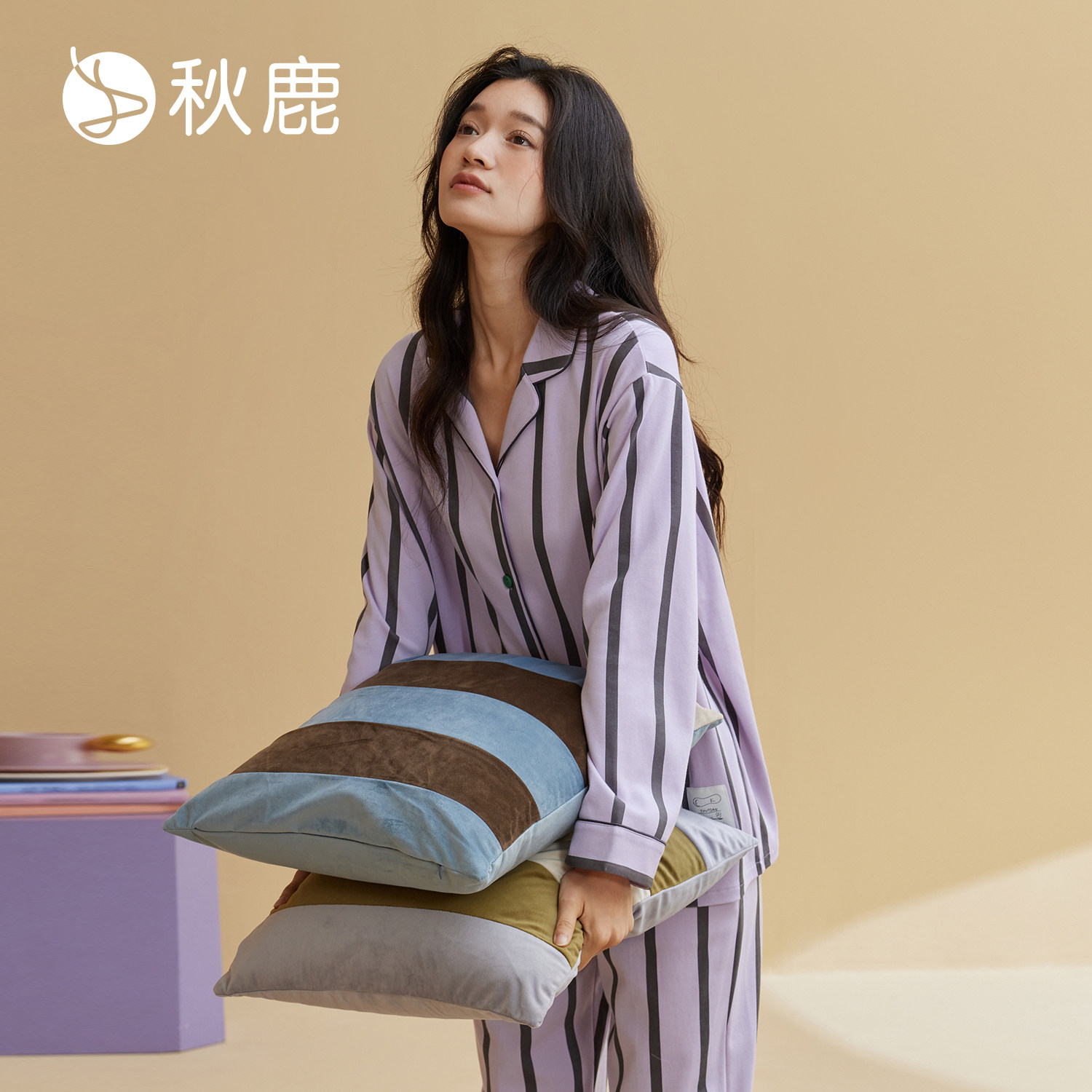 秋鹿【5A抑菌】超柔软纯棉睡衣女春秋款条纹长袖可外穿家居服套装