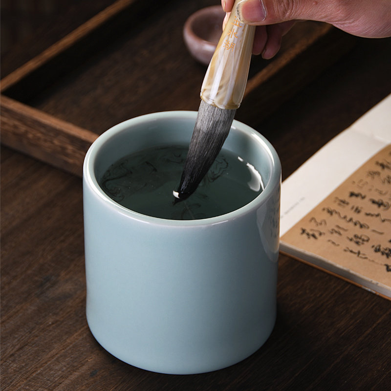 成竹堂汝窑陶瓷洗笔筒笔洗笔缸笔筒精品两用大号古风日式中国风文