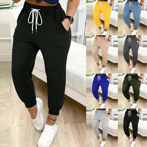 Women'S Plain Drawstring Waist Jogger Pants Casual Pocket