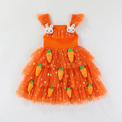 Toddler Girl Easter Outfit 3D Carrot Layered Dress Tulle