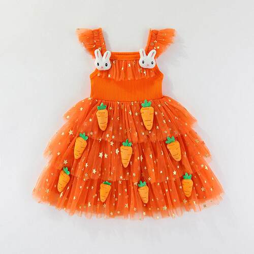 Toddler Girl Easter Outfit 3D Carrot Layered Dress Tulle