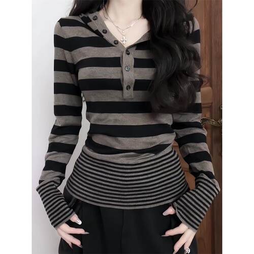 American Street Style Striped Hooded Top For Daily Trendy
