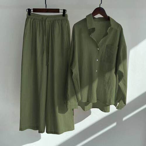 Women'S Solid Color Button Front Shirt & Pants Two-Piece Set