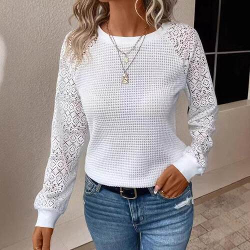 2026 Summer Women'S Waffle Knit Top - Round Neck Raglan