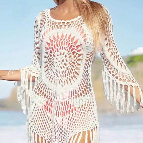 Women'S Crochet Tassel Trim Cover Up Dress Solid Color