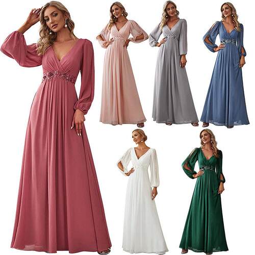 2026 Spring Evening Dress Elegant Chiffon V-Neck Long Sleeve