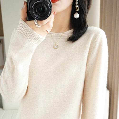 Women'S Plain Round Neck Thick Sweater Casual Fit Long