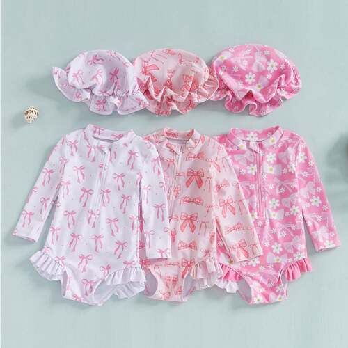 Toddler Girl Swimsuit Rash Guard Cute Bow Print Long Sleeve