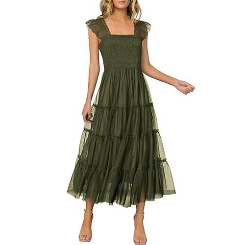 Women'S Summer Midi Tulle Dress Sleeveless Smocked Square