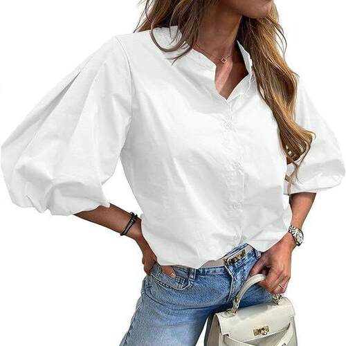 Womens Half Puff Sleeve Button Down Shirts Cotton Loose Fit