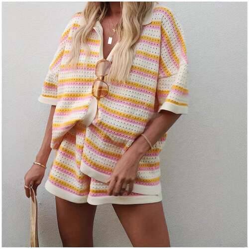 Womens Short Sleeve Striped Pajama Sets Color Block Crochet