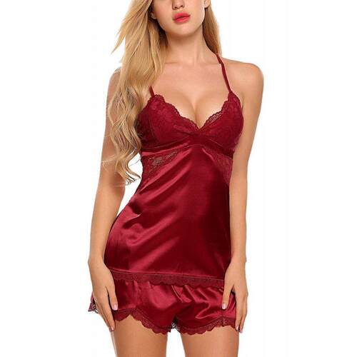 Women'S Satin Pajamas Set With Lace Camisole And Shorts -