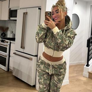 Women'S Camouflage Print Zip Up Hoodie Jacket Casual Fitted