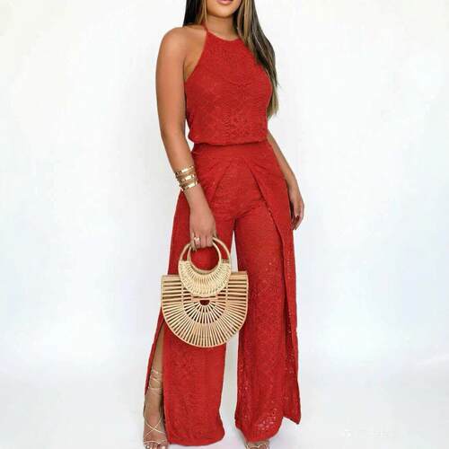 Women'S Halter Neck Lace Jumpsuit Backless Jacquard Textured