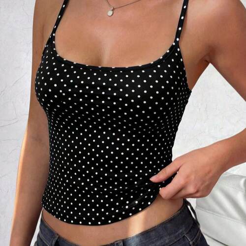 Vintage Style Solid Color Polka Dot Halter Top Thin Straps
