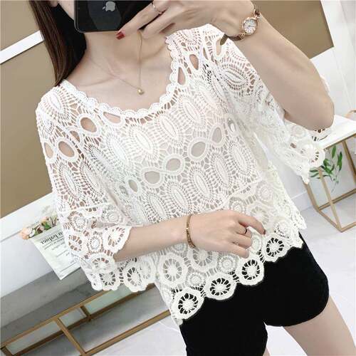 Women'S Plain Hollow Out Swimwear Cover Up Top Casual Scoop