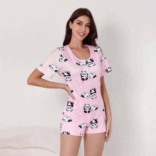 Women'S Cute Panda Heart Print All-Season Home Jumpsuit