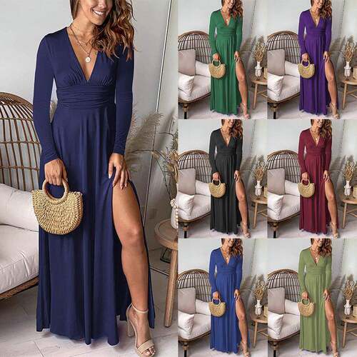 Women'S Deep V Neck Sleeve Long Dresses Pleated High Waist