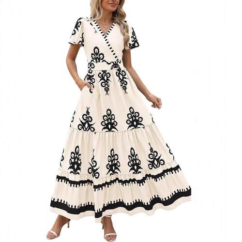 Women'S Summer Casual V Neck Maxi Dress Flowy Aline Bell