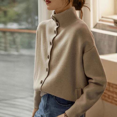 New Fine Knit Stand Collar Button Cardigan Minimalist Plain