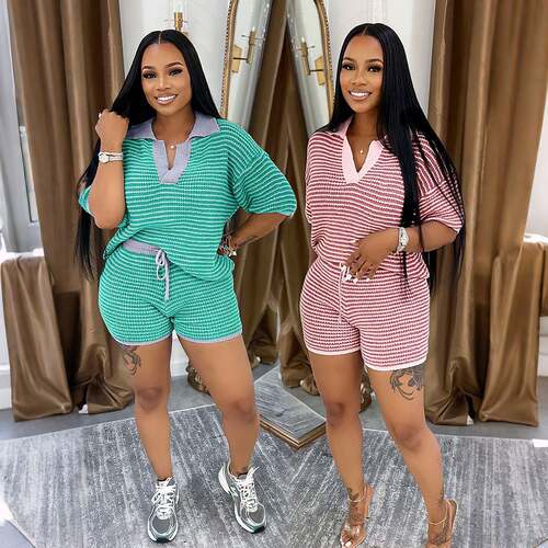 Women Striped 2 Piece Lounge Sets Short Sleeve V Neck Tops