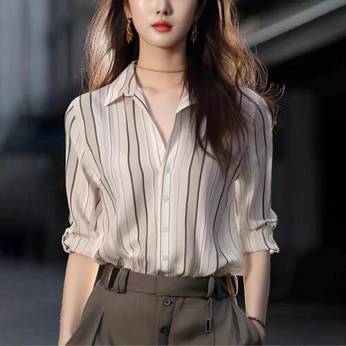 Women'S Striped Shirt Elegant Long-Sleeved Top Office Style